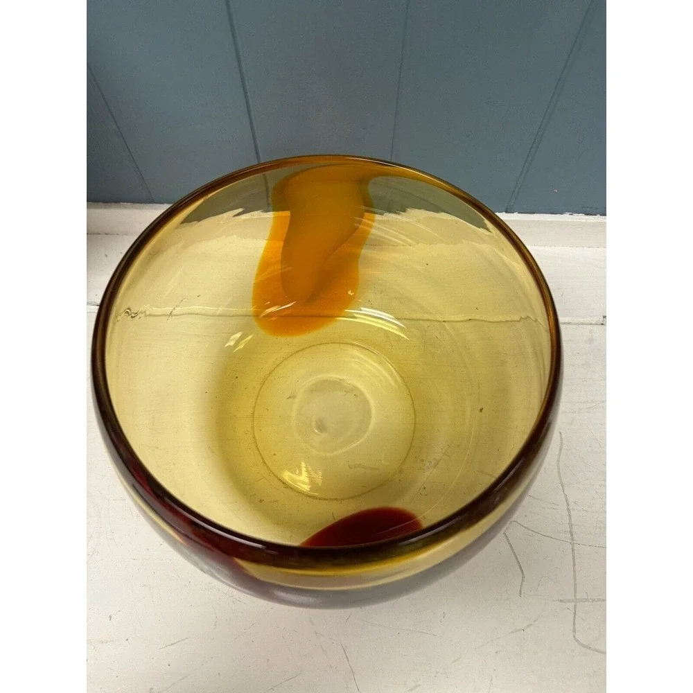 Hand‎ Blown Art Glass Bubble Bowl w/rare Auburn Red Orange Design 7.5” X 6”